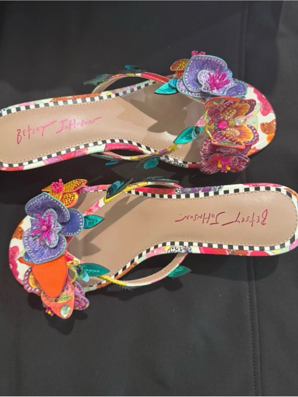 Betsey Johnson Multicolor Floral Appliqué Flat Sandals